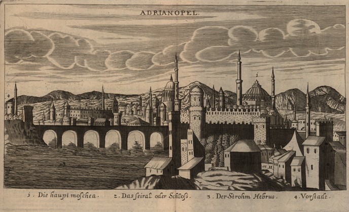 Grafika przedstawia widok miasta w orientalnym stylu. W tle góry i niebo z chmurami. Na samej góry napis: Adrianopol.