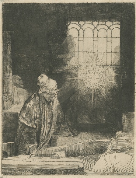 Stara rycina. Przedstawia mężczyznę we wnętrzu. Ubrany jest w płaszcz i czapkę. Opiera ręce na stole. Patrzy w bok w kierunku okna, gdzie pokazała mu się hostia święta. Jest to rycina Rembrandta pt. „Uczony w swojej pracowni”. 