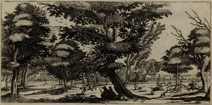 Rycina przedstawia scenę polowania wśród drzew. Widzimy pędzących jeźdźców na koniach. Na drugim planie zarysy zabudowań.  