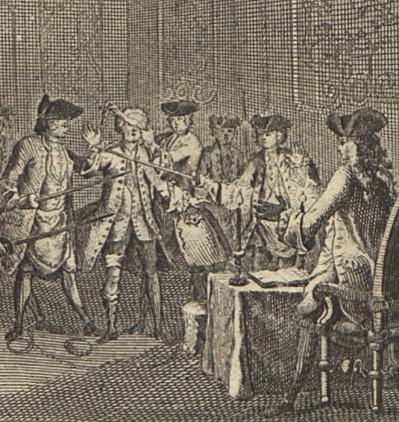 Fragment ryciny. Przedstawia scenę we wnętrzu pałacowym. Widzimy mężczyzn ubranych w stroje historyczne, debatujących, z szablami w dłoniach. Po prawej stronie stół i krzesło.