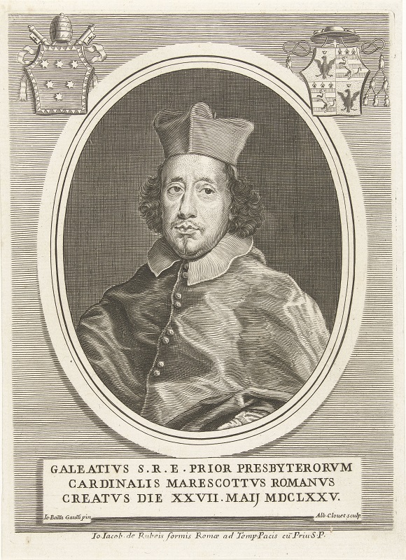 Grafika z portretem duchownego. Mężczyzna w średnim wieku, z lekko kręconymi półdługimi włosami, w czapce kardynalskiej. Po bokach portretu znajdują się w górnej części dwa herby. Pod portretem opis po łacinie. Jest to portret kardynała Galeazzo Marescottiego.