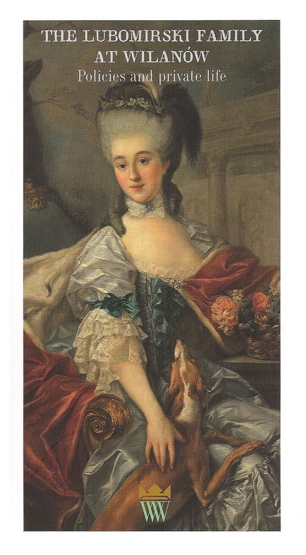 Okładka do publikacji "The Lubomirski Family at Wilanów. Policies and private life". Przedstawia młodą kobietę ubraną w strój historyczny i perukę na głowie. 
