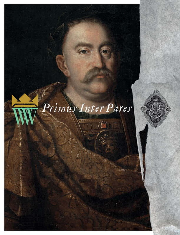 Okładka do publikacji "Primus Inter Pares" w wersji angielskiej. Na okładce portret króla Jana III Sobieskiego. 