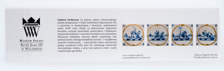 Wąska kartka z czterema zdjęciami, tekstem i logotypem Muzeum w Wilanowie.
