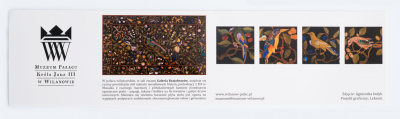 Wąska kartka z pięcioma zdjęciami, tekstem i logotypem Muzeum w Wilanowie. 