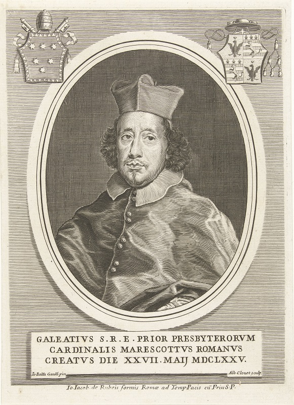 Grafika z portretem duchownego. Mężczyzna w średnim wieku, z lekko kręconymi półdługimi włosami, w czapce kardynalskiej. Po bokach portretu znajdują się w górnej części dwa herby. Pod portretem opis po łacinie. Jest to portret kardynała Galeazzo Marescottiego.