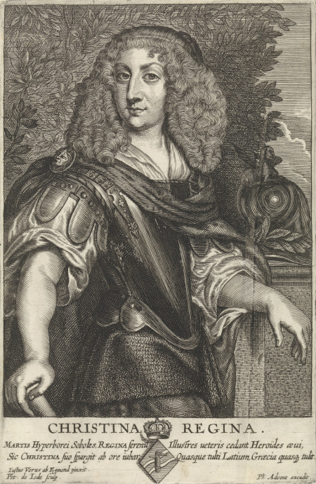 Grafika przedstawia portret kobiety z bujnymi, kręconymi, długimi włosami. Kobieta ubrana jest w zbroję rycerską i płaszcz. Stoi na tle drzewa, w luźnej pozycji. Jest to portret Krystyny Szwedzkiej. 