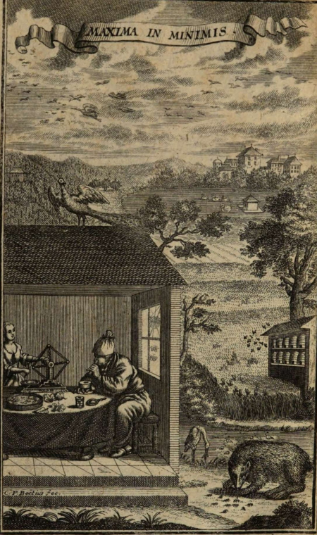 Stara rycina z napisem u góry na taśmie MAXIMA IN MINIMIS. Na pierwszym planie otwarty dom, w nim siedzą ludzie przy stole. Mężczyzna je posiłek, kobieta  siedzi przy kołowrotku. Na szczycie dachu przysiadł ptak z długim ogonem. Obok, na zewnątrz zwierzęta: pies i bocian lub gęś. Powyżej pejzaż z domami w oddali.